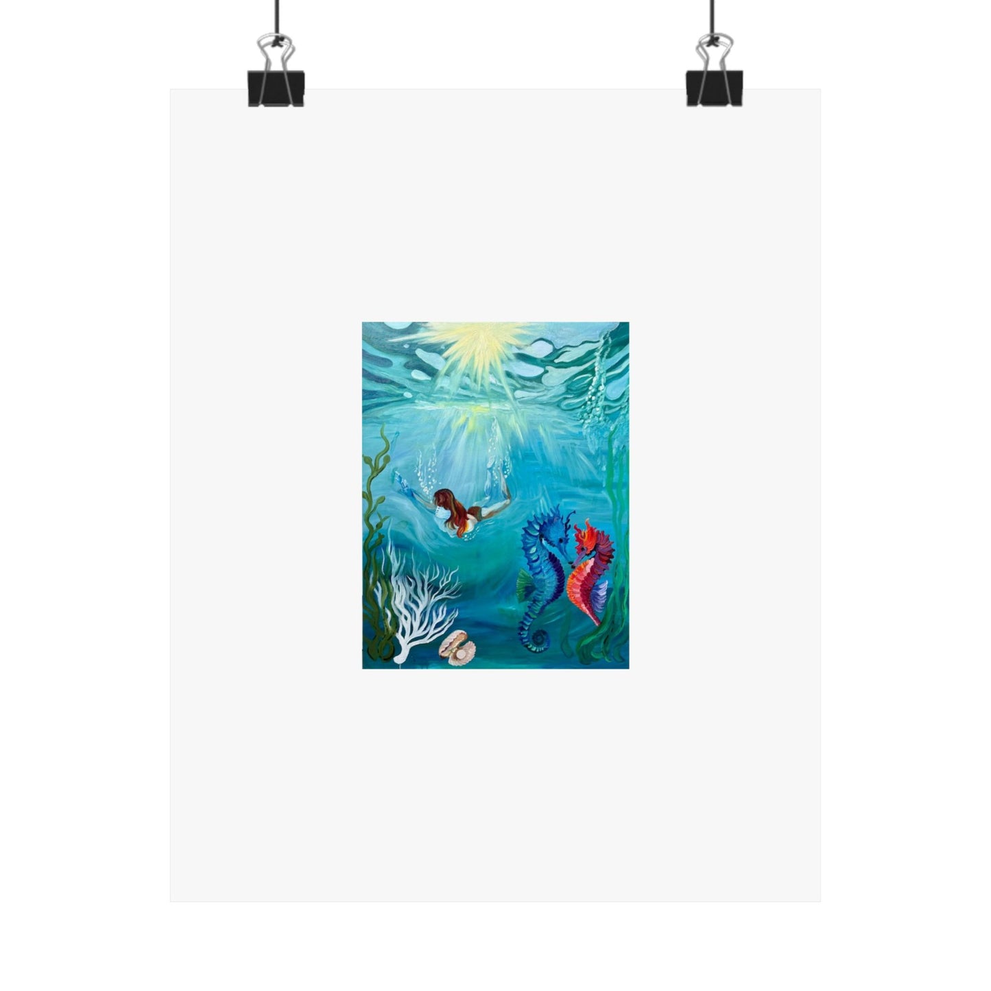 Underwater Mermaid & Seahorse Matte Poster — Ocean Art Print