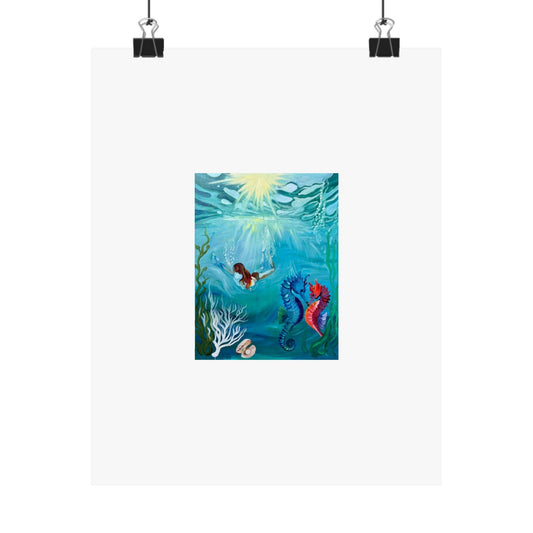Underwater Mermaid & Seahorse Matte Poster — Ocean Art Print