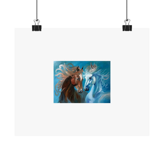 Mystic Horses Matte Horizontal Poster — Blue & Chestnut Horse Art Print