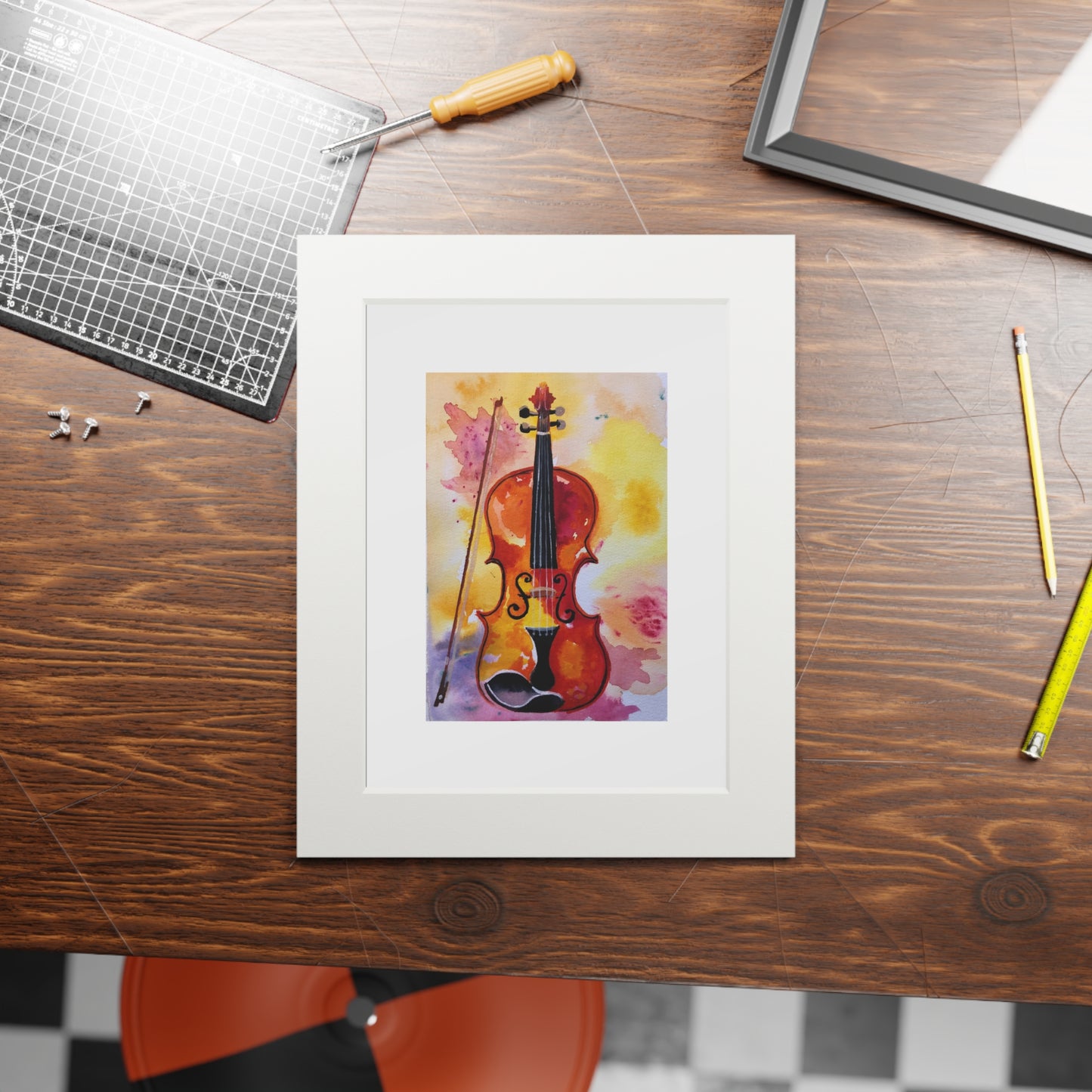 Violin Watercolor Fine Art Print with Passepartout Frame — Musical Wall Art