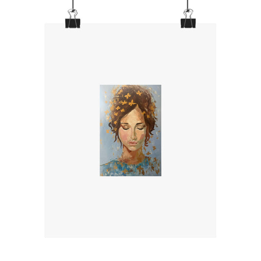 Tranquil Muse Matte Vertical Poster — Serene Woman Portrait with Gold Butterflies