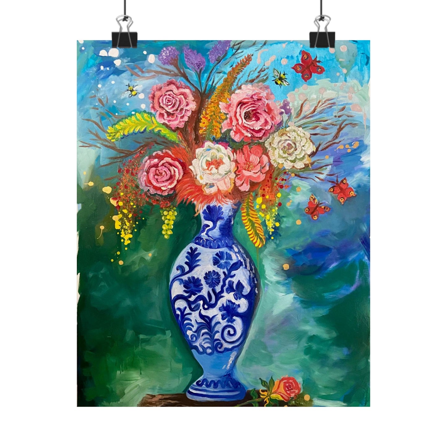 Floral Blue Vase Matte Vertical Poster — Bright Garden Bouquet Wall Art
