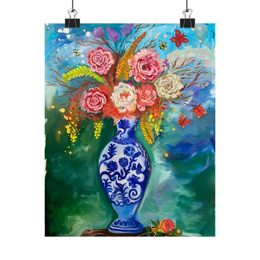 Floral Blue Vase Matte Vertical Poster — Bright Garden Bouquet Wall Art