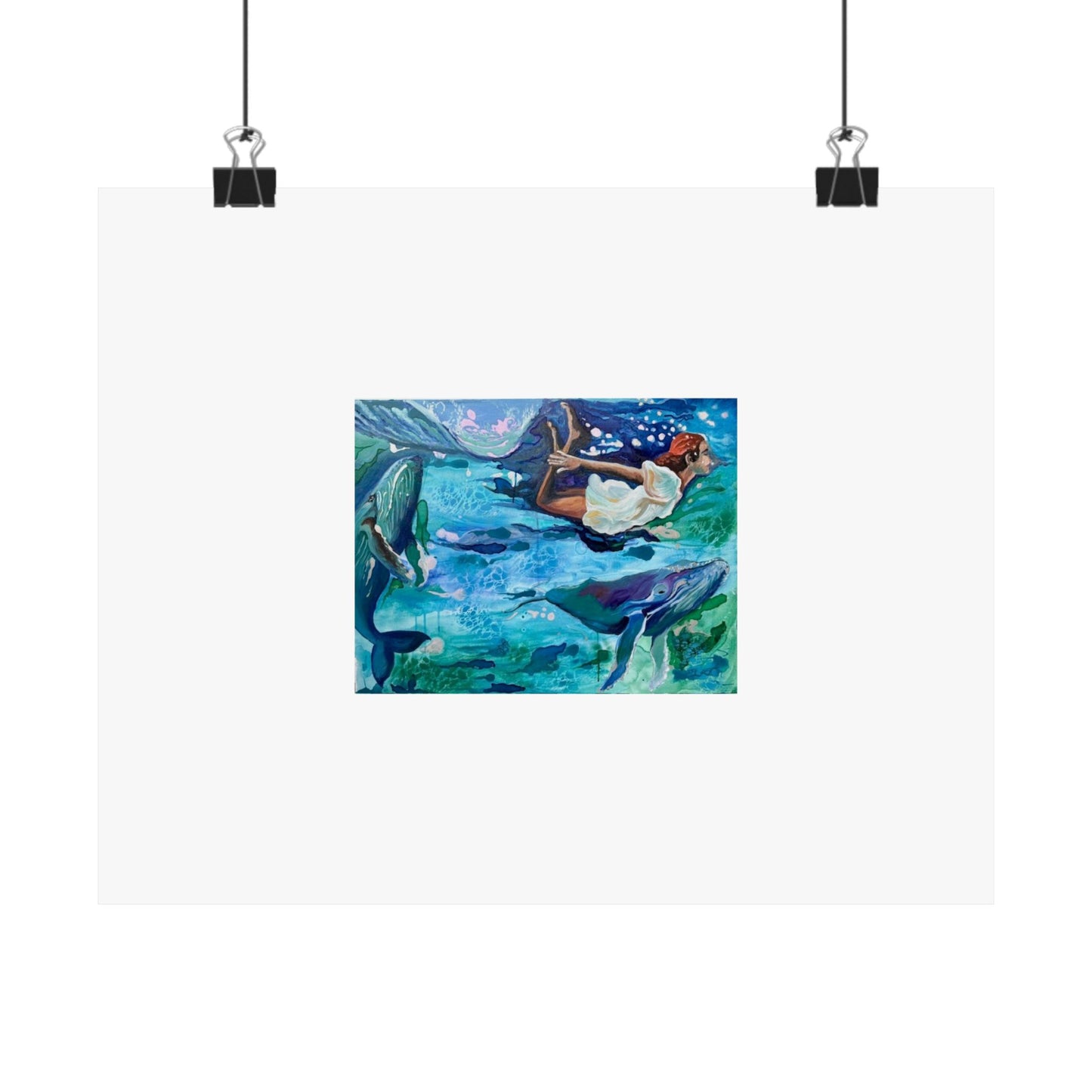 Underwater Mermaid & Dolphins Matte Horizontal Poster — Ocean Fantasy Wall Art