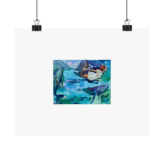 Underwater Mermaid & Dolphins Matte Horizontal Poster — Ocean Fantasy Wall Art