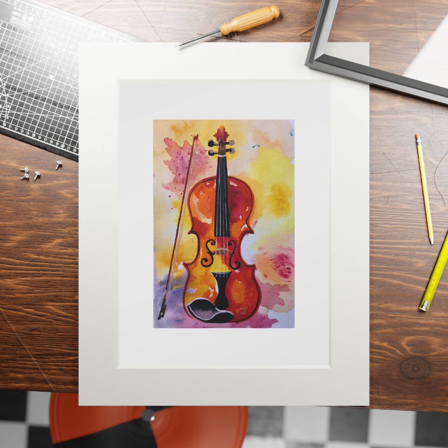 Violin Watercolor Fine Art Print with Passepartout Frame — Musical Wall Art