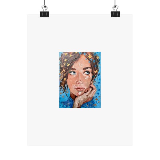 Contemplative Woman Portrait Matte Vertical Poster — Blue Starry Art Print