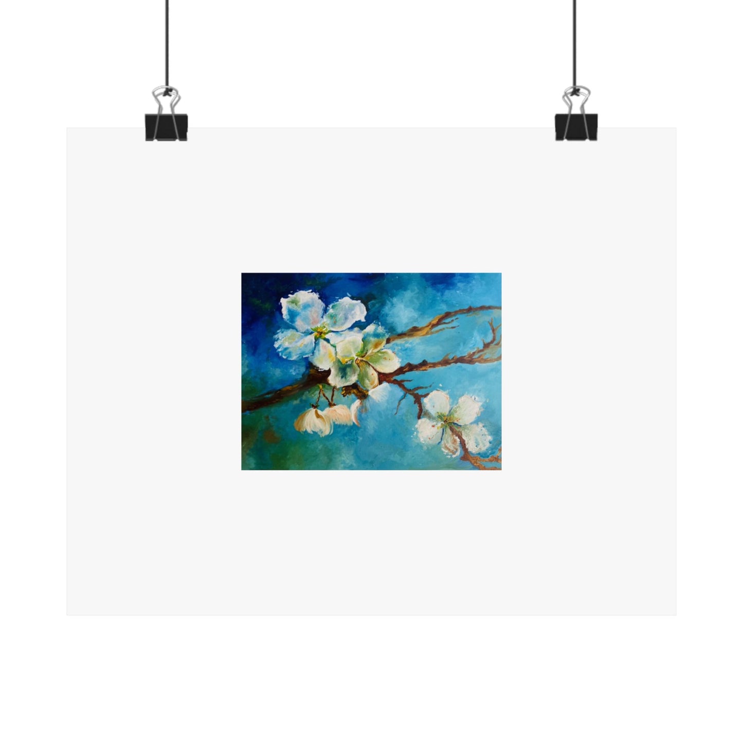 Blue Floral Branch Matte Horizontal Poster — Botanical Wall Art Print