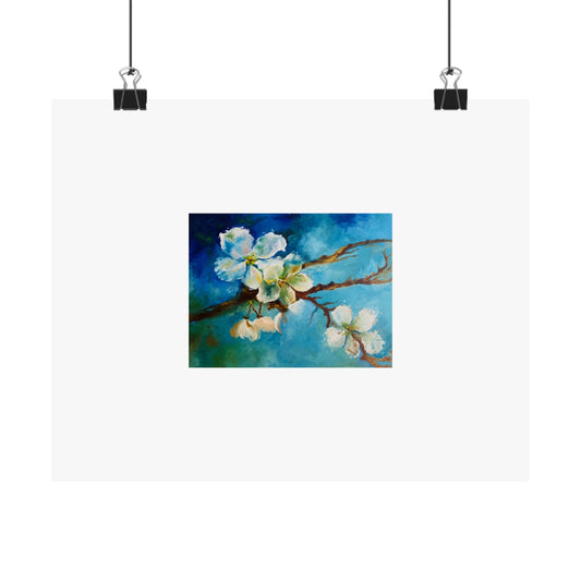 Blue Floral Branch Matte Horizontal Poster — Botanical Wall Art Print