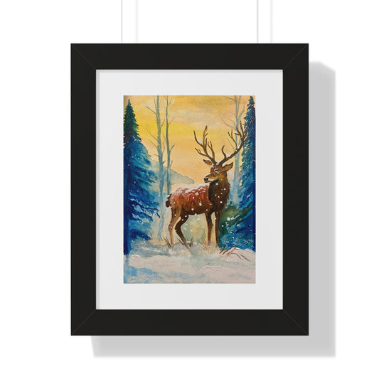 Framed Deer Print — Watercolor Winter Stag Vertical Poster